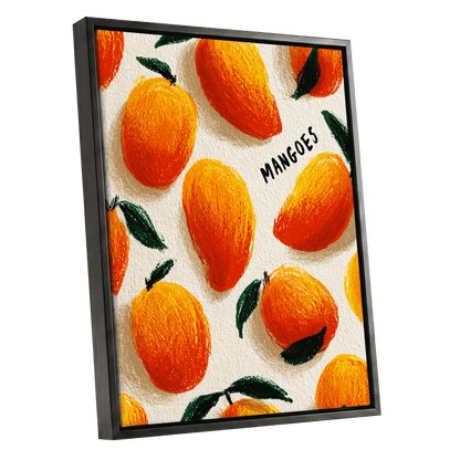 Sunlit Mangoes, orange, yellow, green nature wall art shown as a black framed canvas wall art