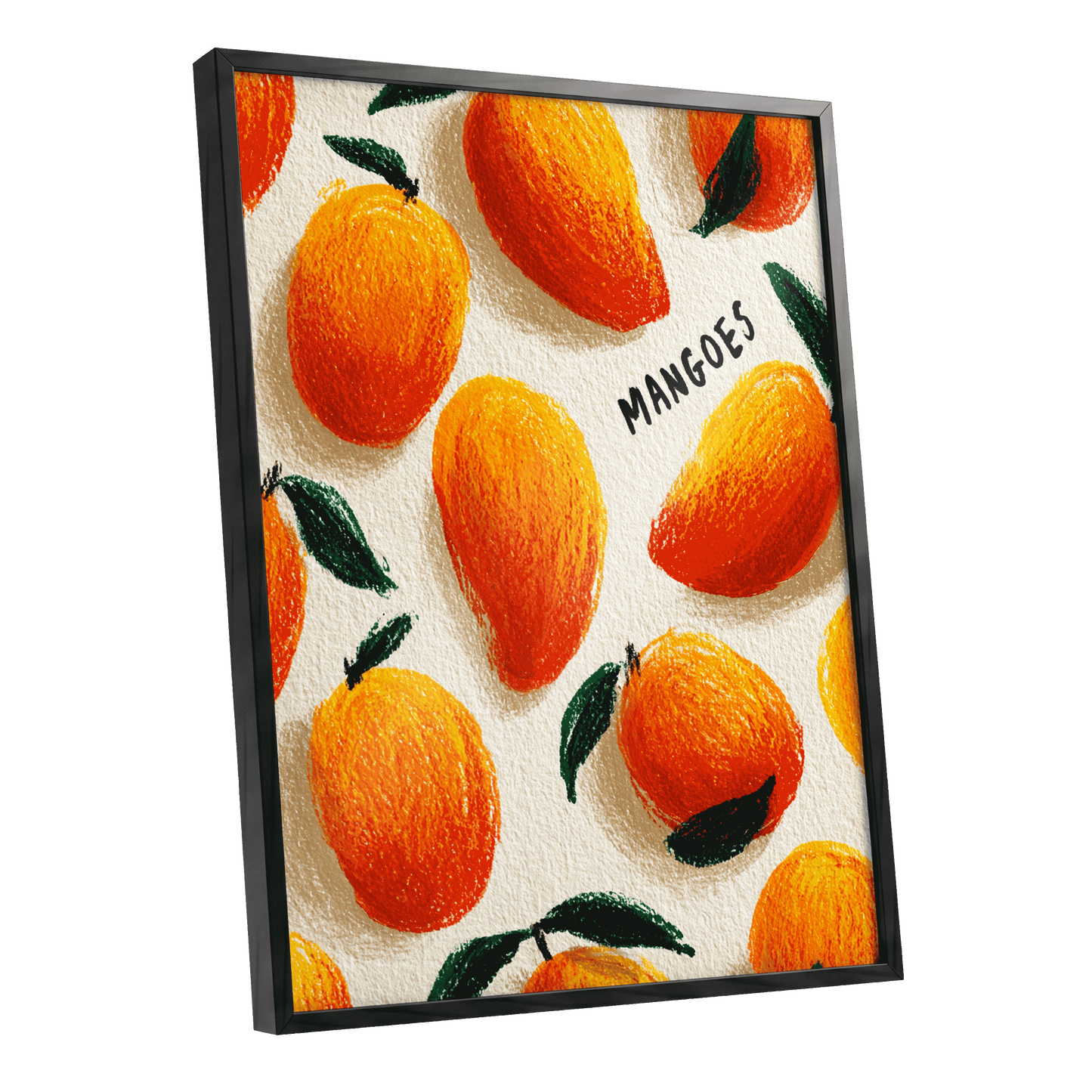 Sunlit Mangoes, orange, yellow, green nature wall art shown as a black framed poster wall art print