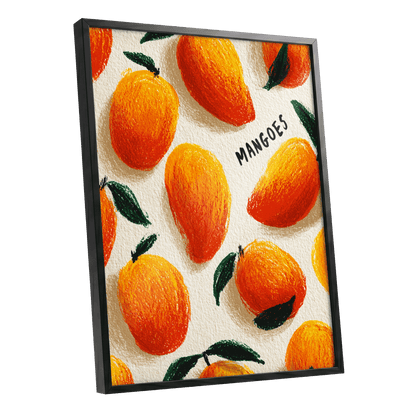 Sunlit Mangoes, orange, yellow, green nature wall art shown as a black framed poster wall art print