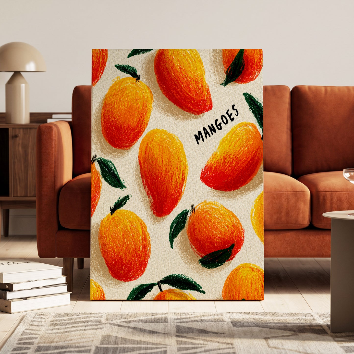 Sunlit Mangoes, orange, yellow, green nature wall art on canvas displayed in a styled interior, gallery view 1