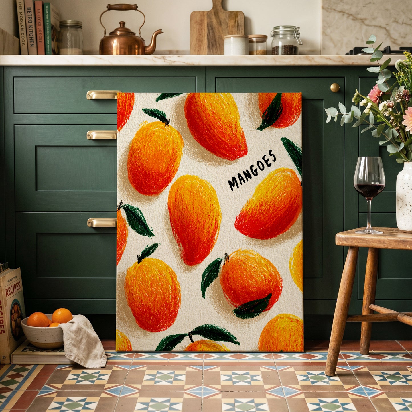Sunlit Mangoes, orange, yellow, green nature wall art on canvas displayed in a styled interior, gallery view 2