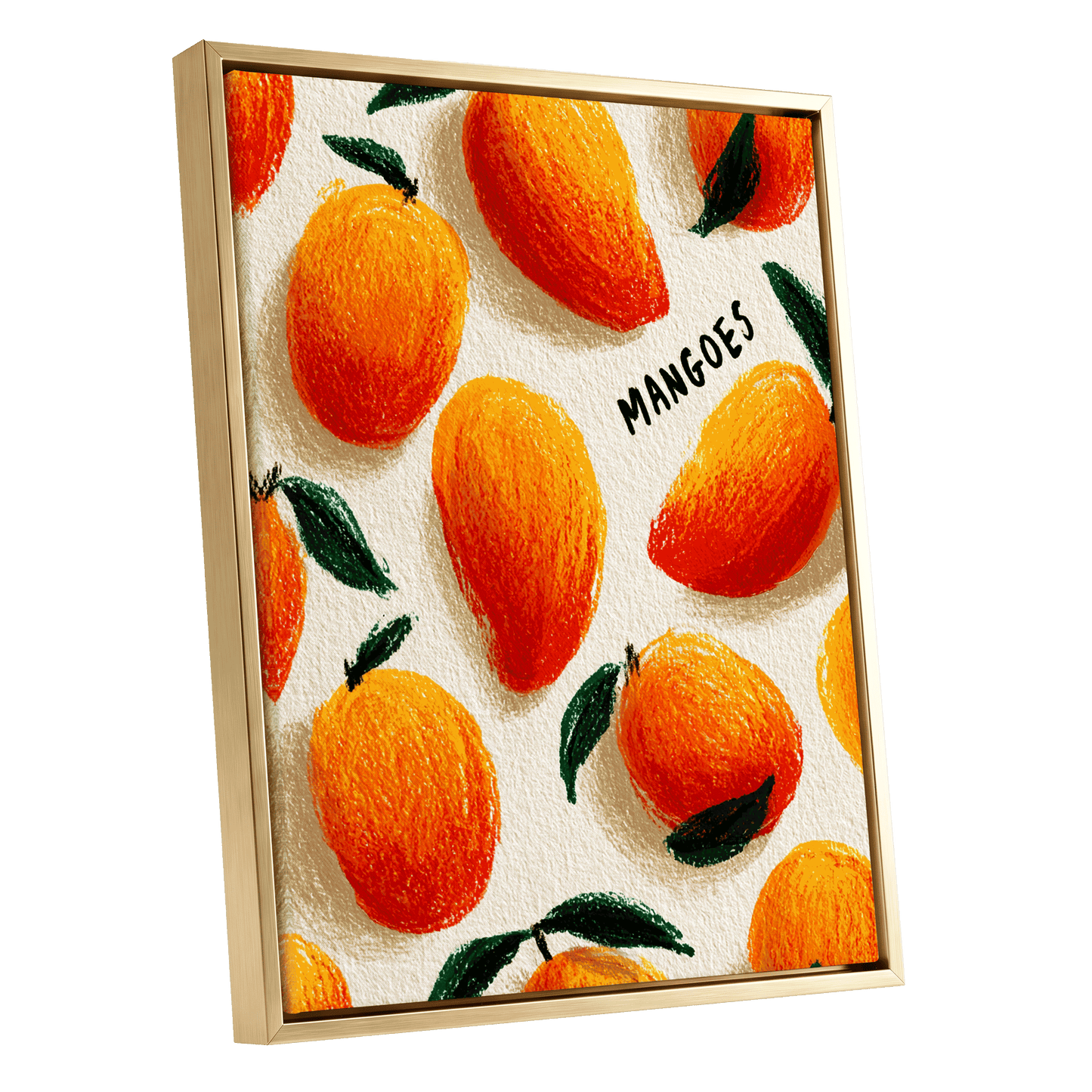 Sunlit Mangoes, orange, yellow, green nature wall art shown as a gold framed canvas wall art