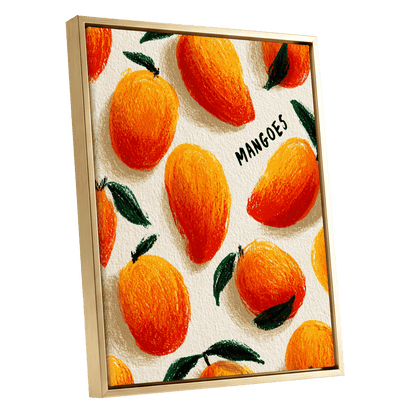 Sunlit Mangoes, orange, yellow, green nature wall art shown as a gold framed canvas wall art