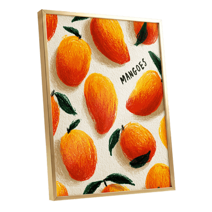Sunlit Mangoes, orange, yellow, green nature wall art shown as a gold framed poster wall art print