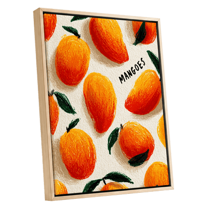 Sunlit Mangoes, orange, yellow, green nature wall art shown as a oak framed canvas wall art