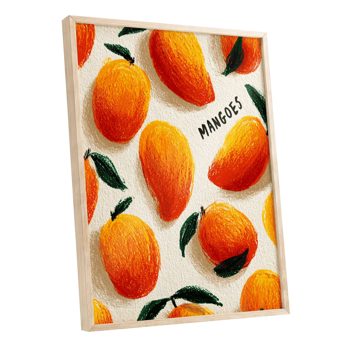 Sunlit Mangoes, orange, yellow, green nature wall art shown as a oak framed poster wall art print
