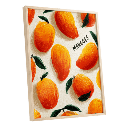 Sunlit Mangoes, orange, yellow, green nature wall art shown as a oak framed poster wall art print