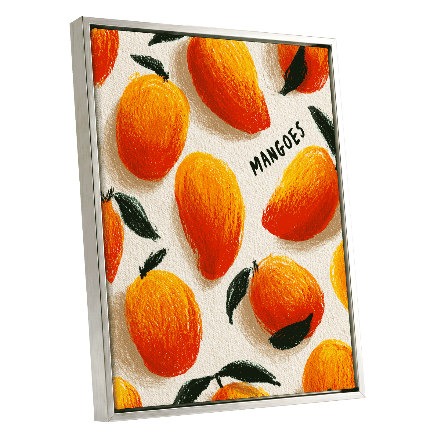 Sunlit Mangoes, orange, yellow, green nature wall art shown as a silver framed canvas wall art