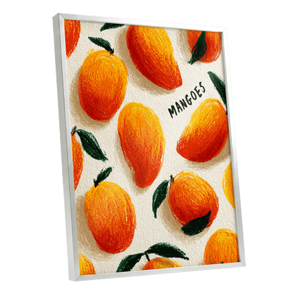Sunlit Mangoes, orange, yellow, green nature wall art shown as a silver framed poster wall art print
