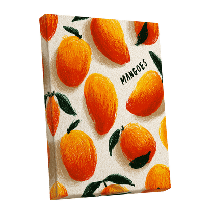 Sunlit Mangoes, orange, yellow, green nature wall art shown as a stretched canvas wall art