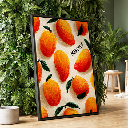 Sunlit Mangoes, orange, yellow, green nature wall art displayed in a styled interior, gallery view 1