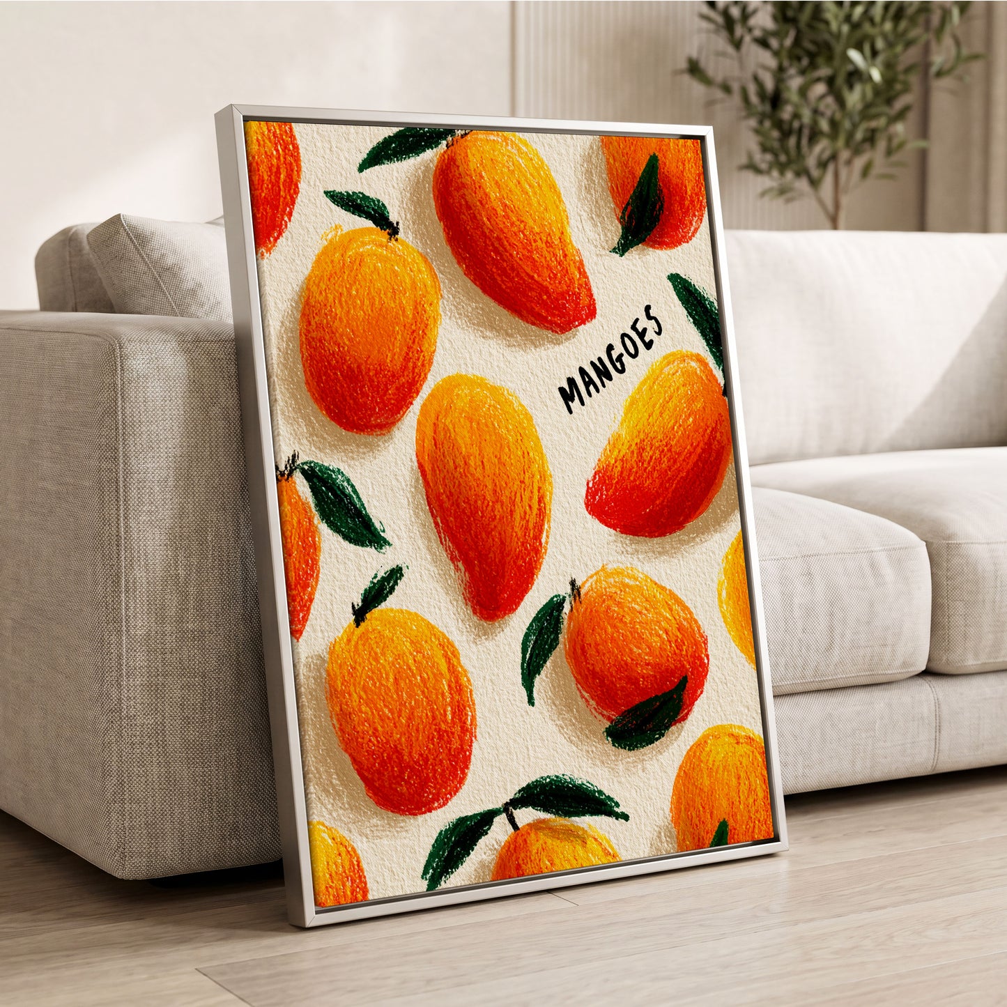 Sunlit Mangoes, orange, yellow, green nature wall art displayed in a styled interior, gallery view 2