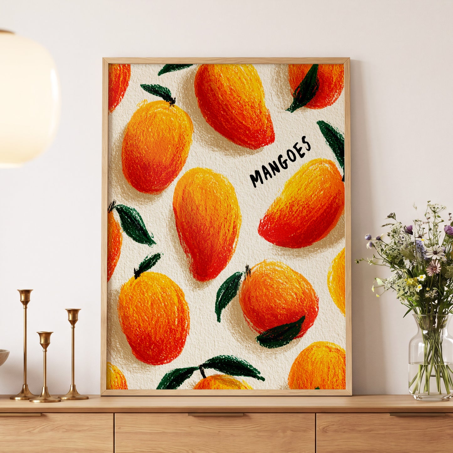 Sunlit Mangoes, orange, yellow, green nature wall art displayed in a styled interior, gallery view 5