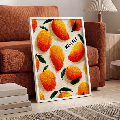Sunlit Mangoes, orange, yellow, green nature wall art displayed in a styled interior, gallery view 6