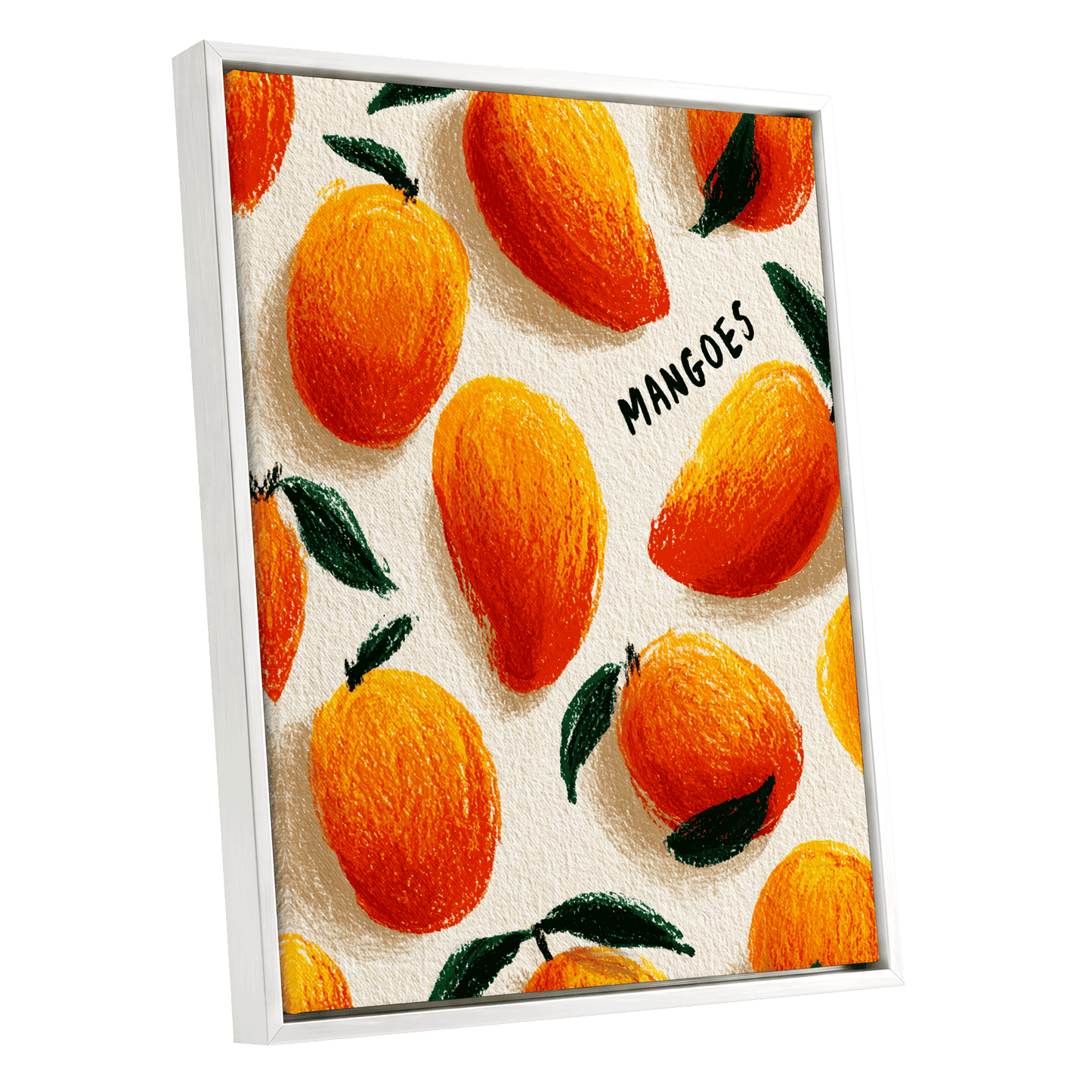 Sunlit Mangoes, orange, yellow, green nature wall art shown as a white framed canvas wall art