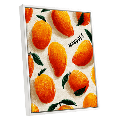 Sunlit Mangoes, orange, yellow, green nature wall art shown as a white framed canvas wall art