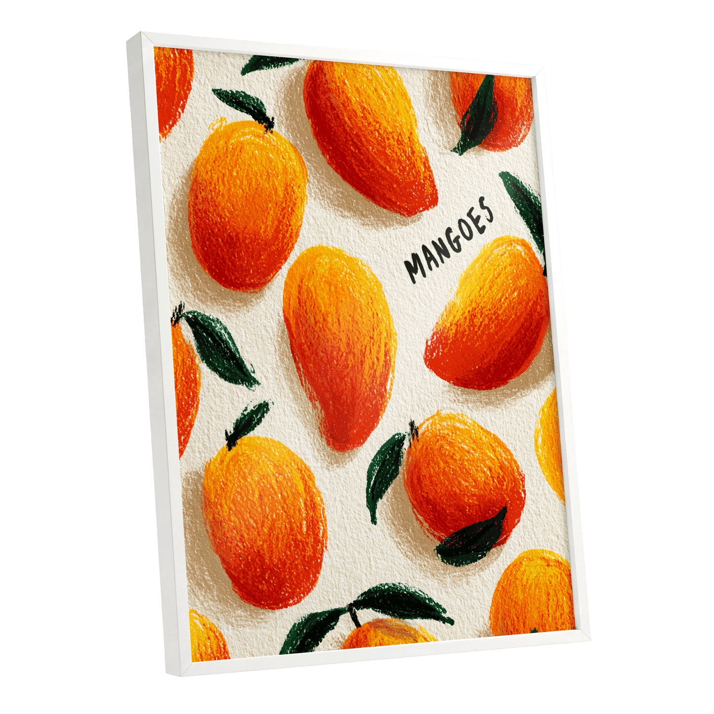 Sunlit Mangoes, orange, yellow, green nature wall art shown as a white framed poster wall art print
