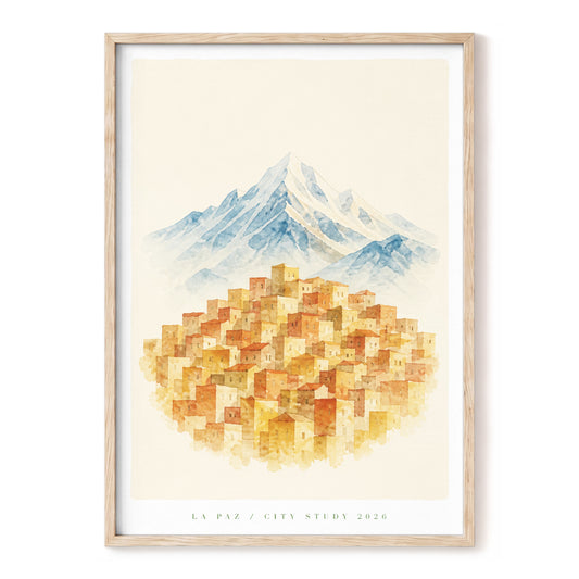 Sunlit Mountain Citadel, beige, blue, orange nature wall art, front artwork view