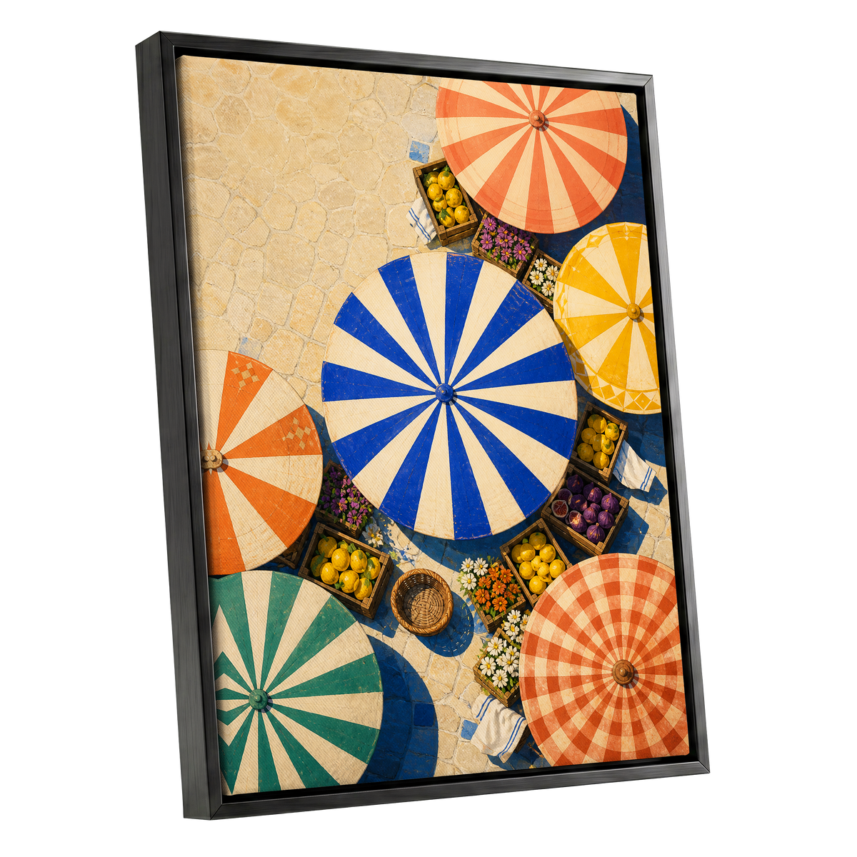 Sunlit Parasol Market, blue, orange, beige abstract wall art shown as a black framed canvas wall art