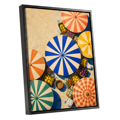 Sunlit Parasol Market, blue, orange, beige abstract wall art shown as a black framed canvas wall art
