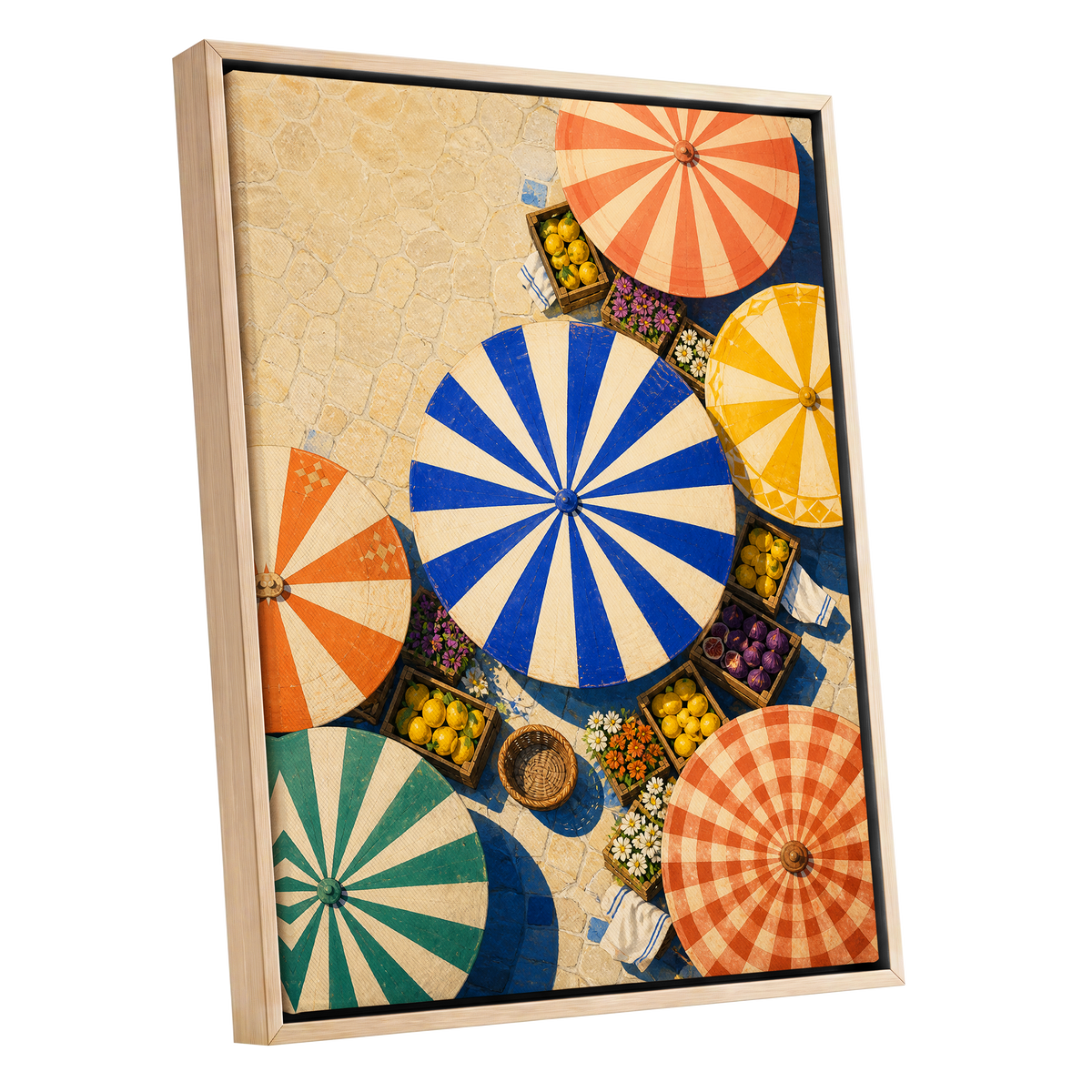 Sunlit Parasol Market, blue, orange, beige abstract wall art shown as a oak framed canvas wall art