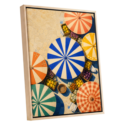Sunlit Parasol Market, blue, orange, beige abstract wall art shown as a oak framed canvas wall art