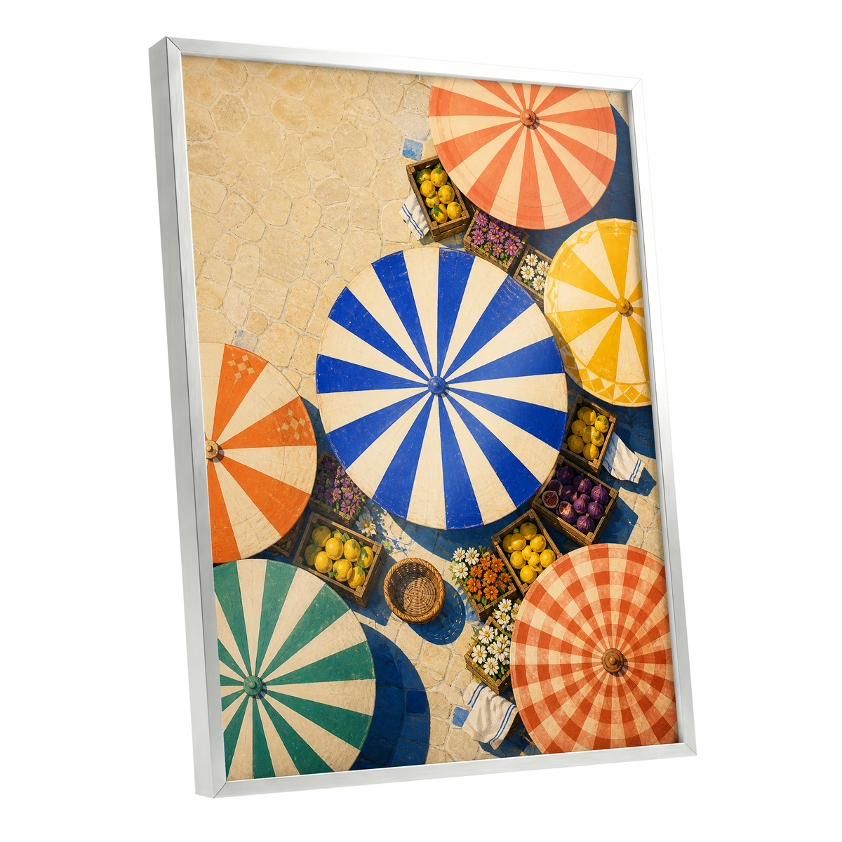 Sunlit Parasol Market, blue, orange, beige abstract wall art shown as a silver framed poster wall art print