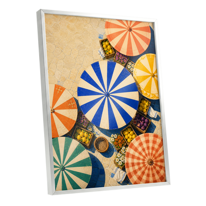 Sunlit Parasol Market, blue, orange, beige abstract wall art shown as a silver framed poster wall art print