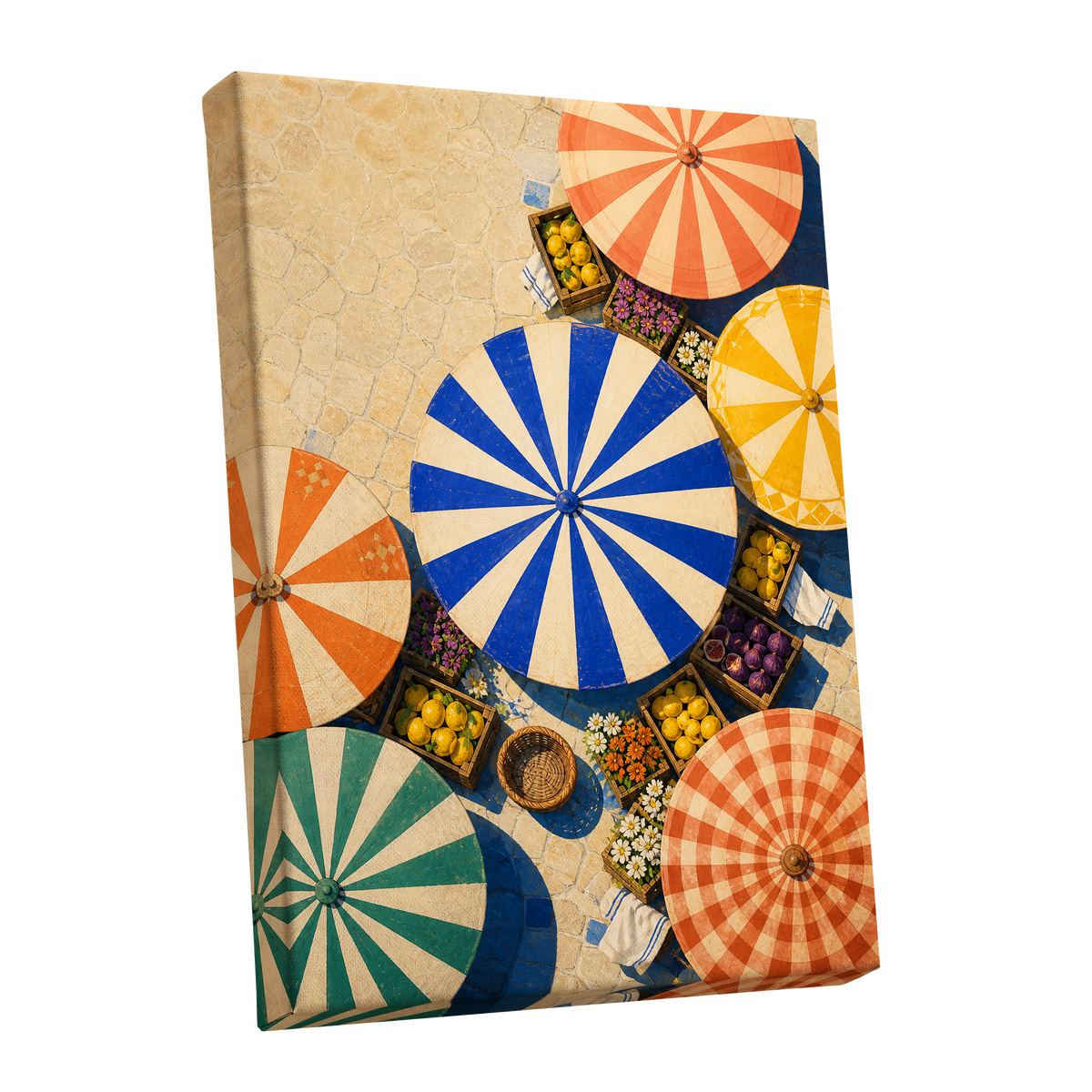 Sunlit Parasol Market, blue, orange, beige abstract wall art shown as a stretched canvas wall art