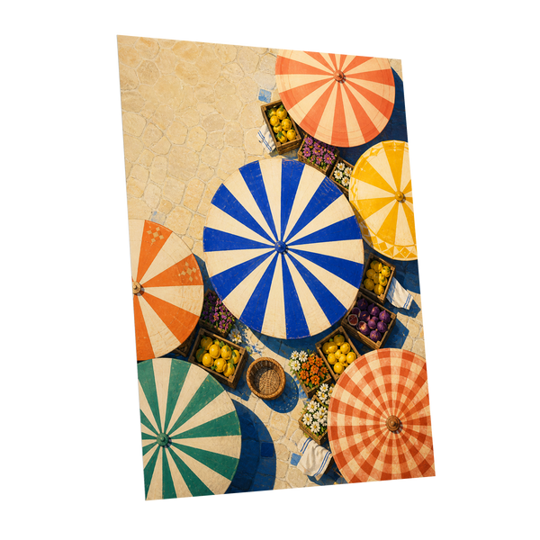 Sunlit Parasol Market, blue, orange, beige abstract wall art shown as a unframed poster wall art print