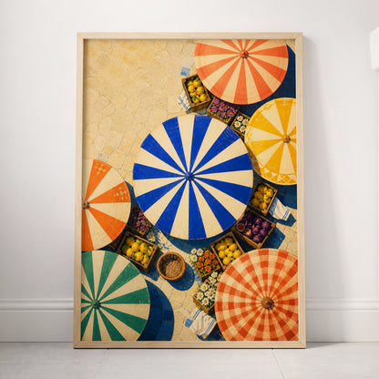 Sunlit Parasol Market, blue, orange, beige abstract wall art displayed in a styled interior, gallery view 2