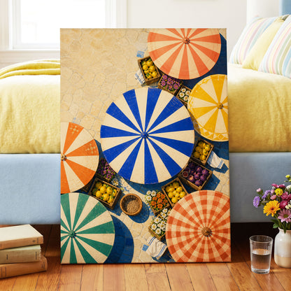 Sunlit Parasol Market, blue, orange, beige abstract wall art displayed in a styled interior, gallery view 3
