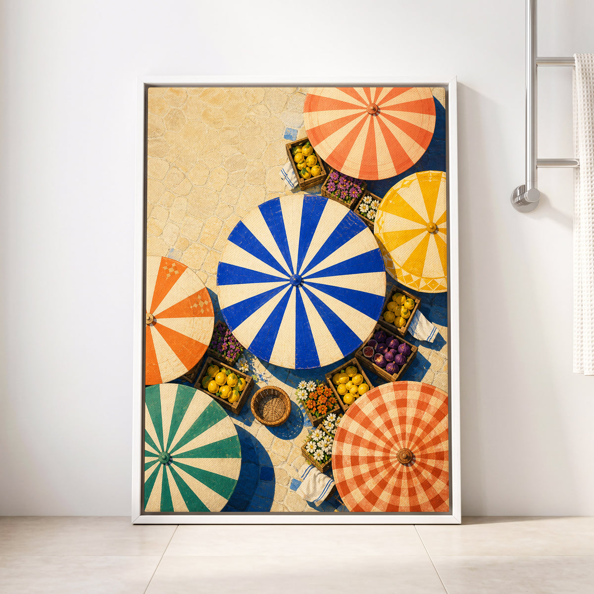 Sunlit Parasol Market, blue, orange, beige abstract wall art displayed in a styled interior, gallery view 4