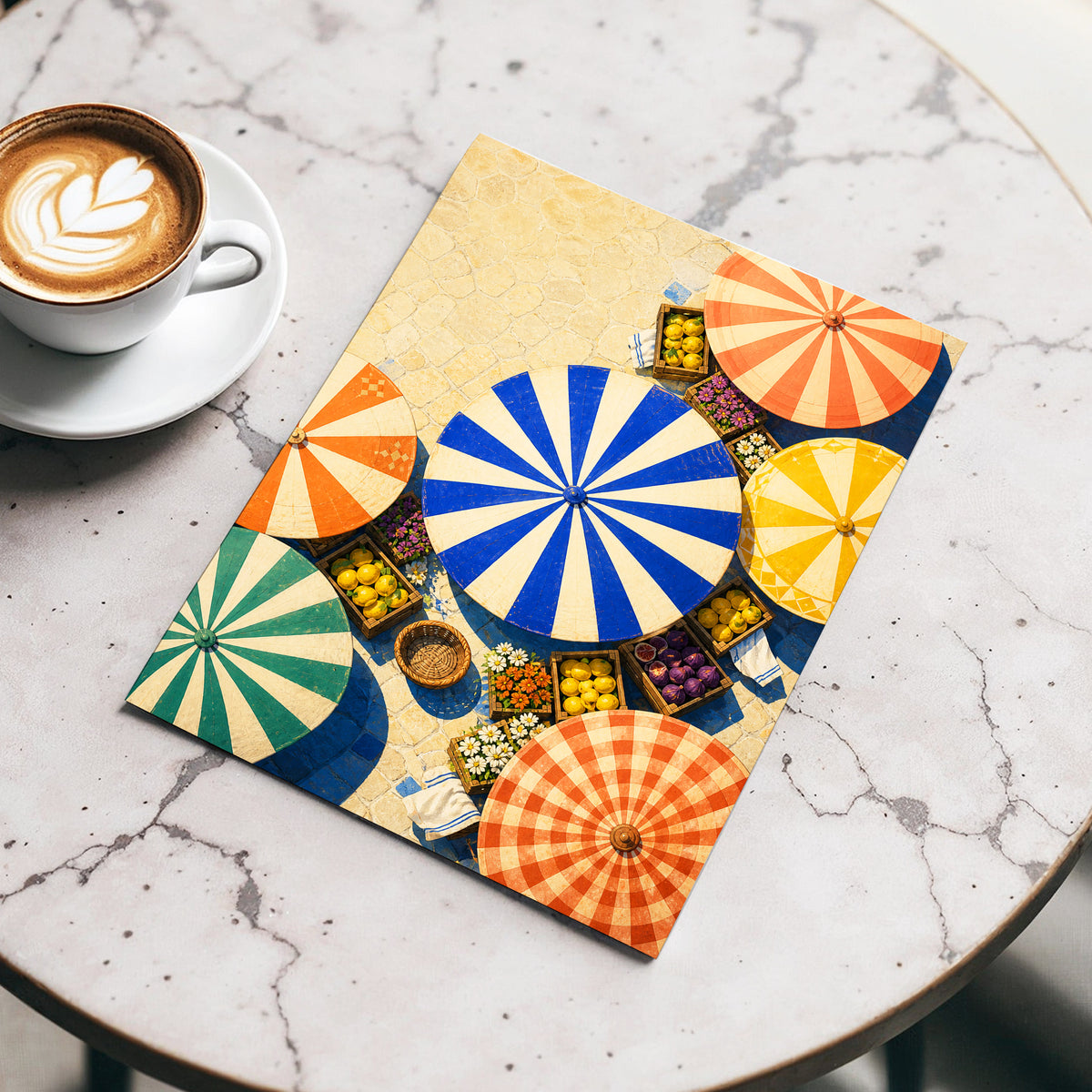 Sunlit Parasol Market, blue, orange, beige abstract wall art displayed in a styled interior, gallery view 5