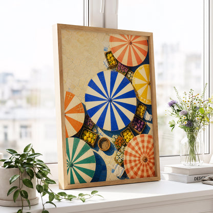 Sunlit Parasol Market, blue, orange, beige abstract wall art displayed in a styled interior, gallery view 6