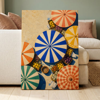 Sunlit Parasol Market, blue, orange, beige abstract wall art displayed in a styled interior, gallery view 7