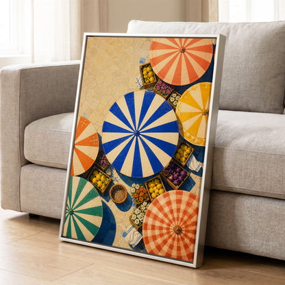 Sunlit Parasol Market, blue, orange, beige abstract wall art displayed in a styled interior, gallery view 8