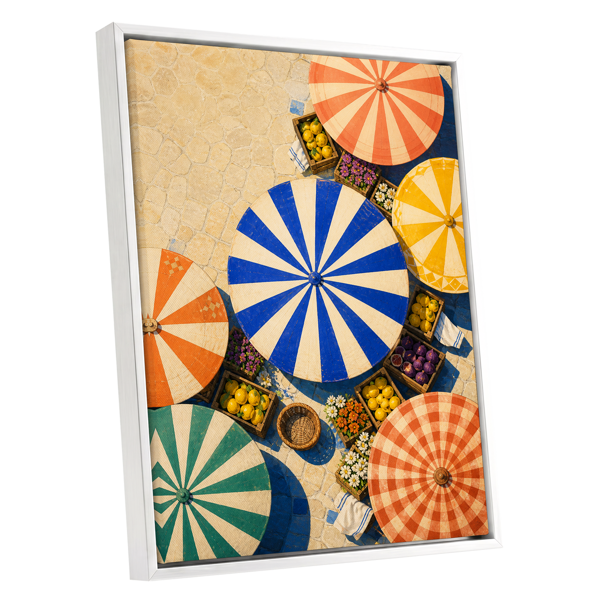 Sunlit Parasol Market, blue, orange, beige abstract wall art shown as a white framed canvas wall art
