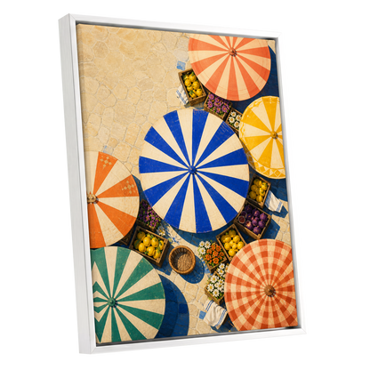Sunlit Parasol Market, blue, orange, beige abstract wall art shown as a white framed canvas wall art