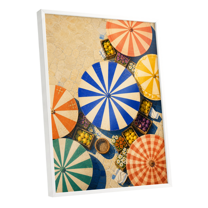 Sunlit Parasol Market, blue, orange, beige abstract wall art shown as a white framed poster wall art print