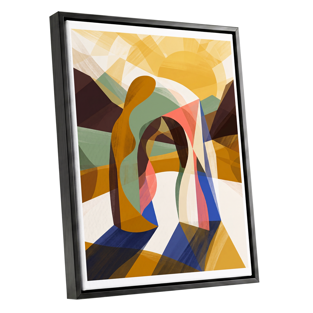 Sunlit Passage, gold, brown, beige abstract wall art shown as a black framed canvas wall art