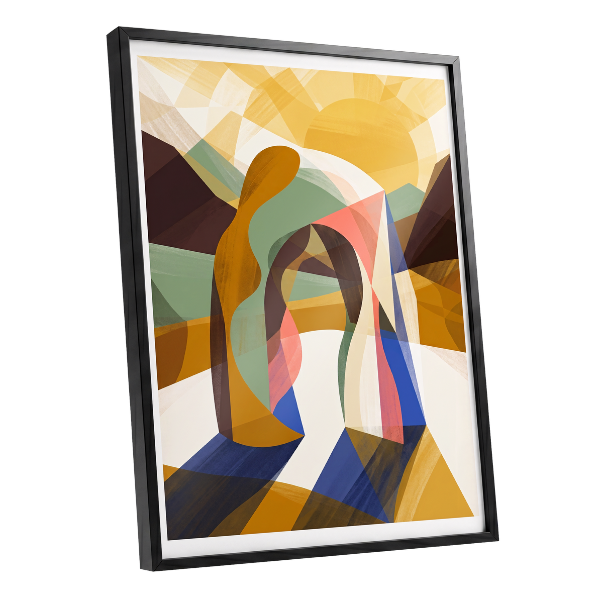 Sunlit Passage, gold, brown, beige abstract wall art shown as a black framed poster wall art print