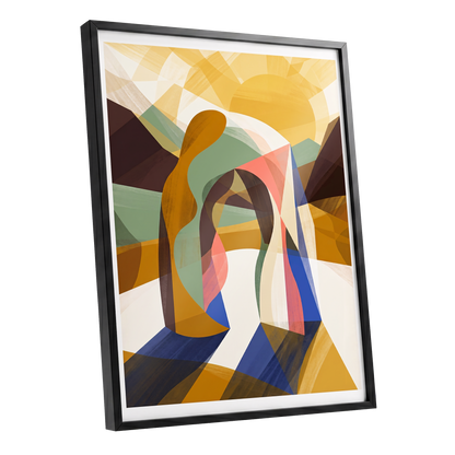 Sunlit Passage, gold, brown, beige abstract wall art shown as a black framed poster wall art print