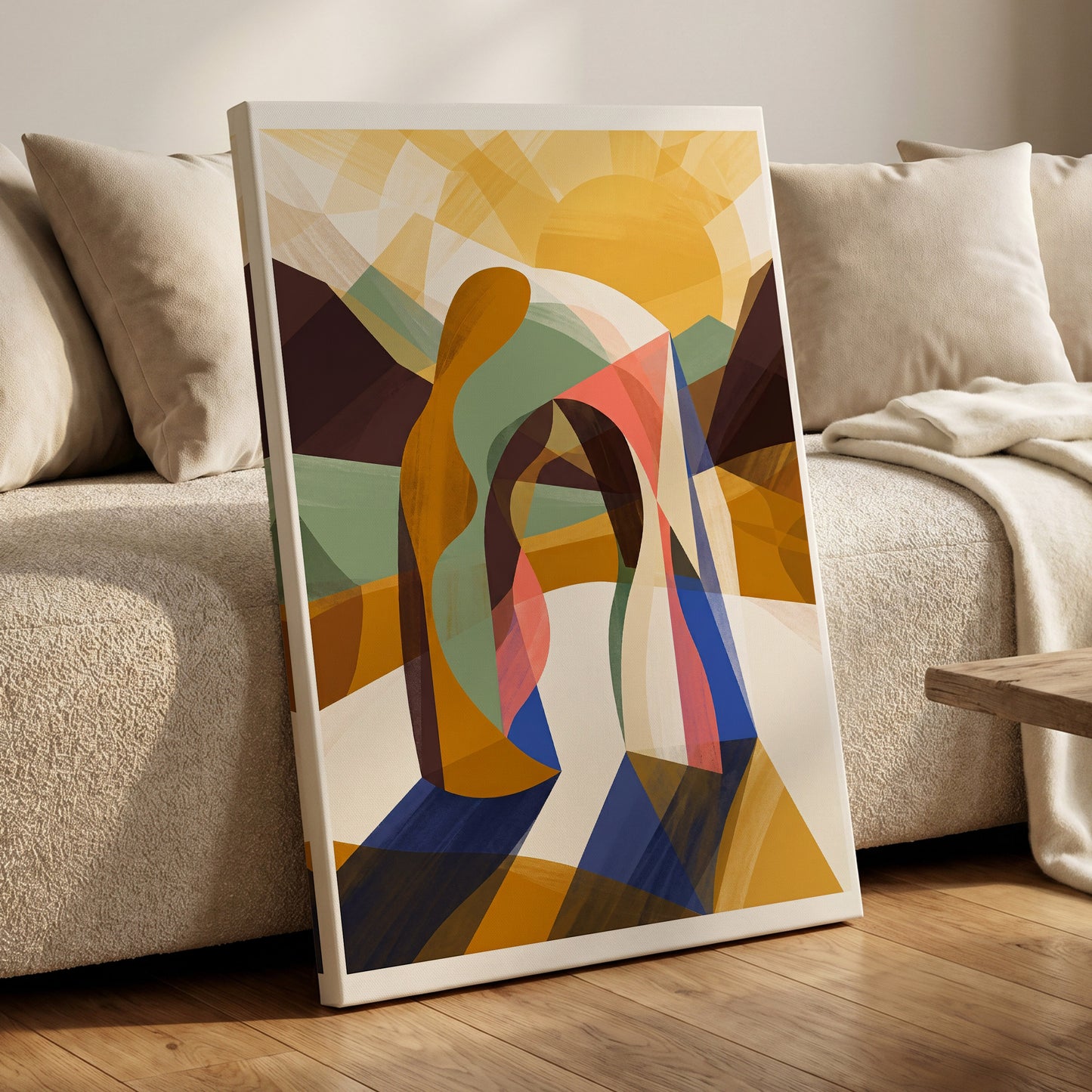 Sunlit Passage, gold, brown, beige abstract wall art on canvas displayed in a styled interior, gallery view 1