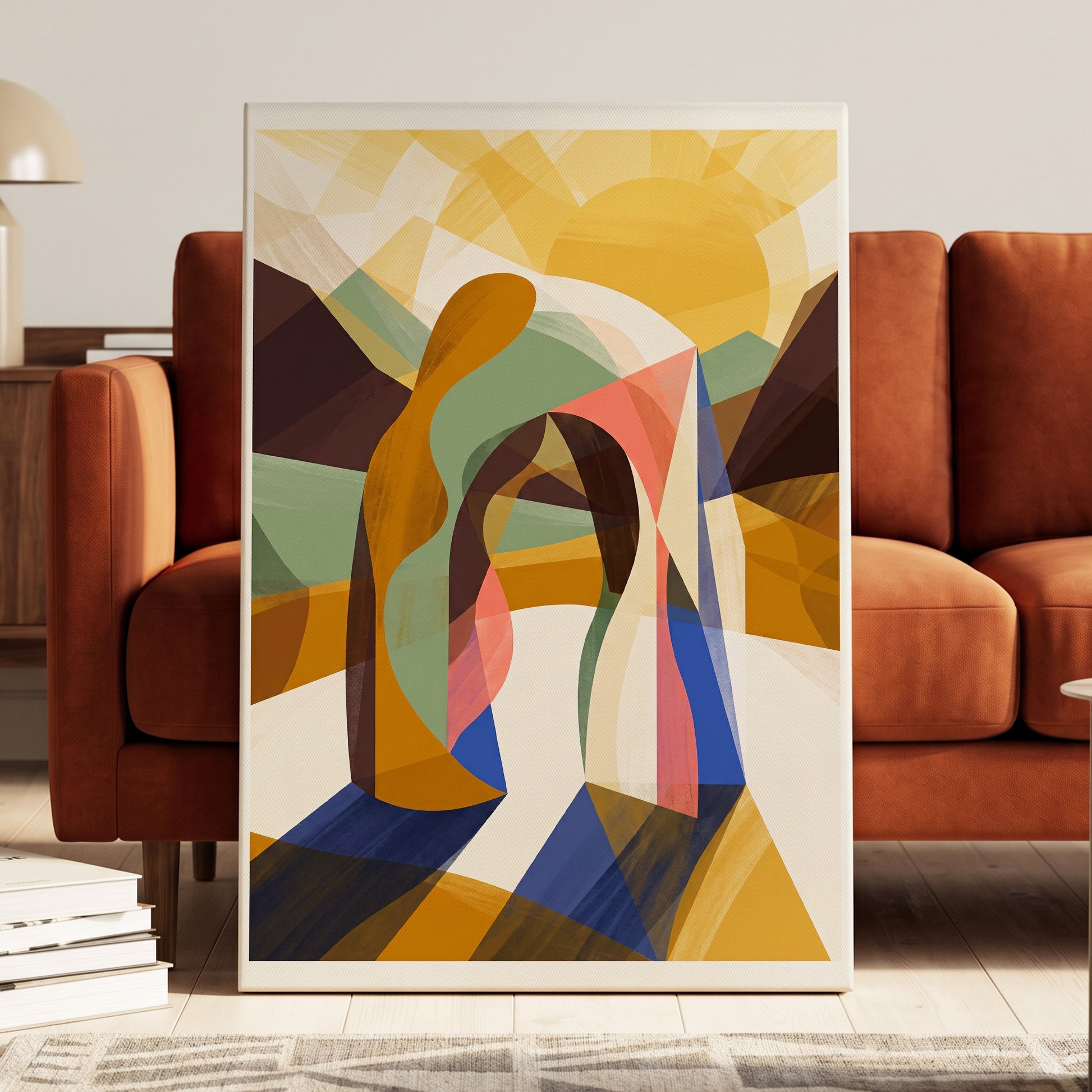 Sunlit Passage, gold, brown, beige abstract wall art on canvas displayed in a styled interior, gallery view 2