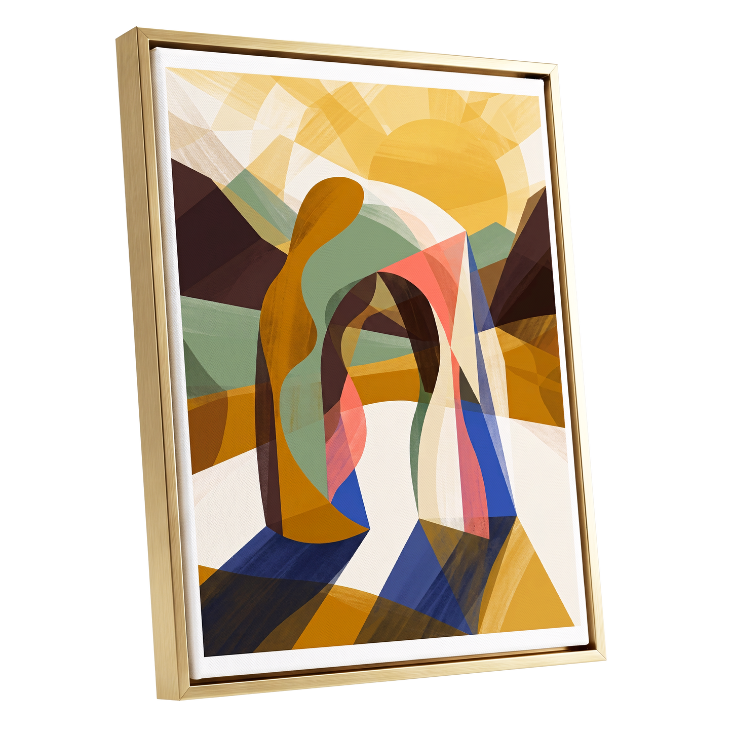 Sunlit Passage, gold, brown, beige abstract wall art shown as a gold framed canvas wall art