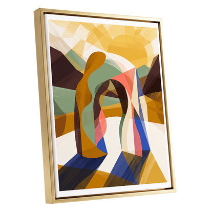 Sunlit Passage, gold, brown, beige abstract wall art shown as a gold framed canvas wall art