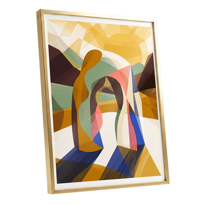 Sunlit Passage, gold, brown, beige abstract wall art shown as a gold framed poster wall art print