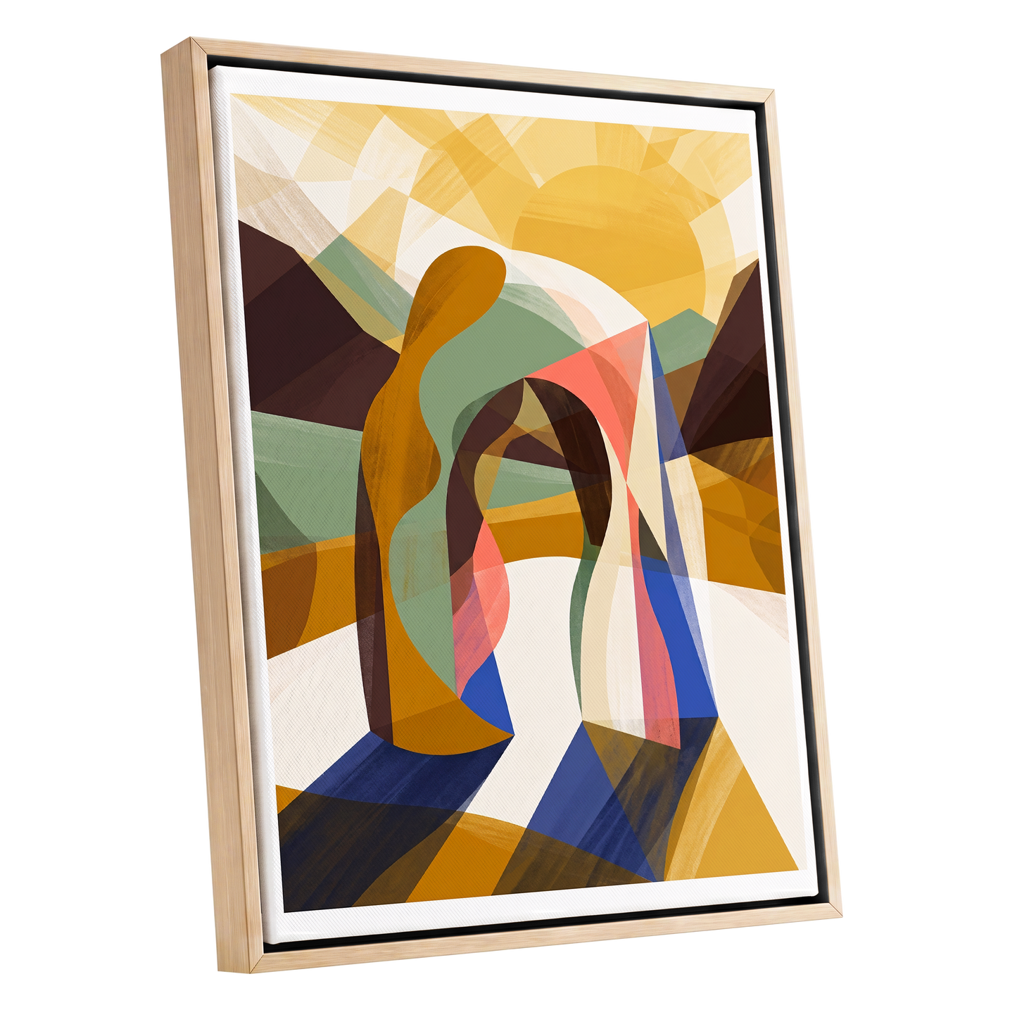 Sunlit Passage, gold, brown, beige abstract wall art shown as a oak framed canvas wall art