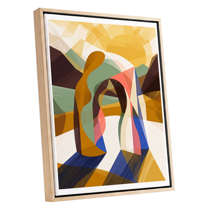 Sunlit Passage, gold, brown, beige abstract wall art shown as a oak framed canvas wall art